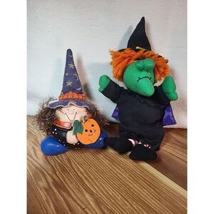 Lot Of 2 Vintage Halloween Witch Figurines Plush Gibson 1988 Mixed Media Pumpkin